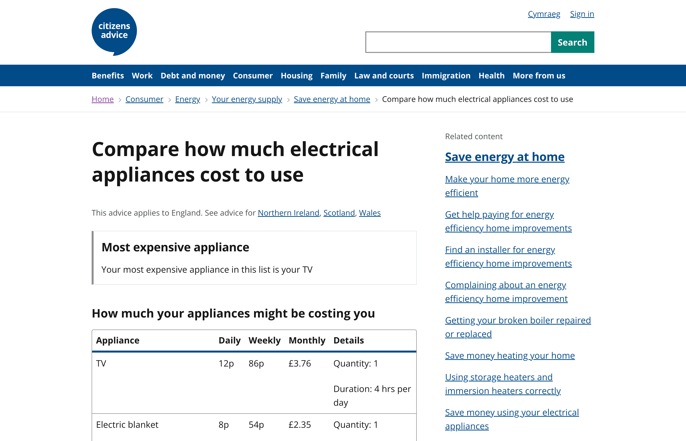The appliance calcuator showing the comparative costs of running a TV and an electric blanket #snuggles